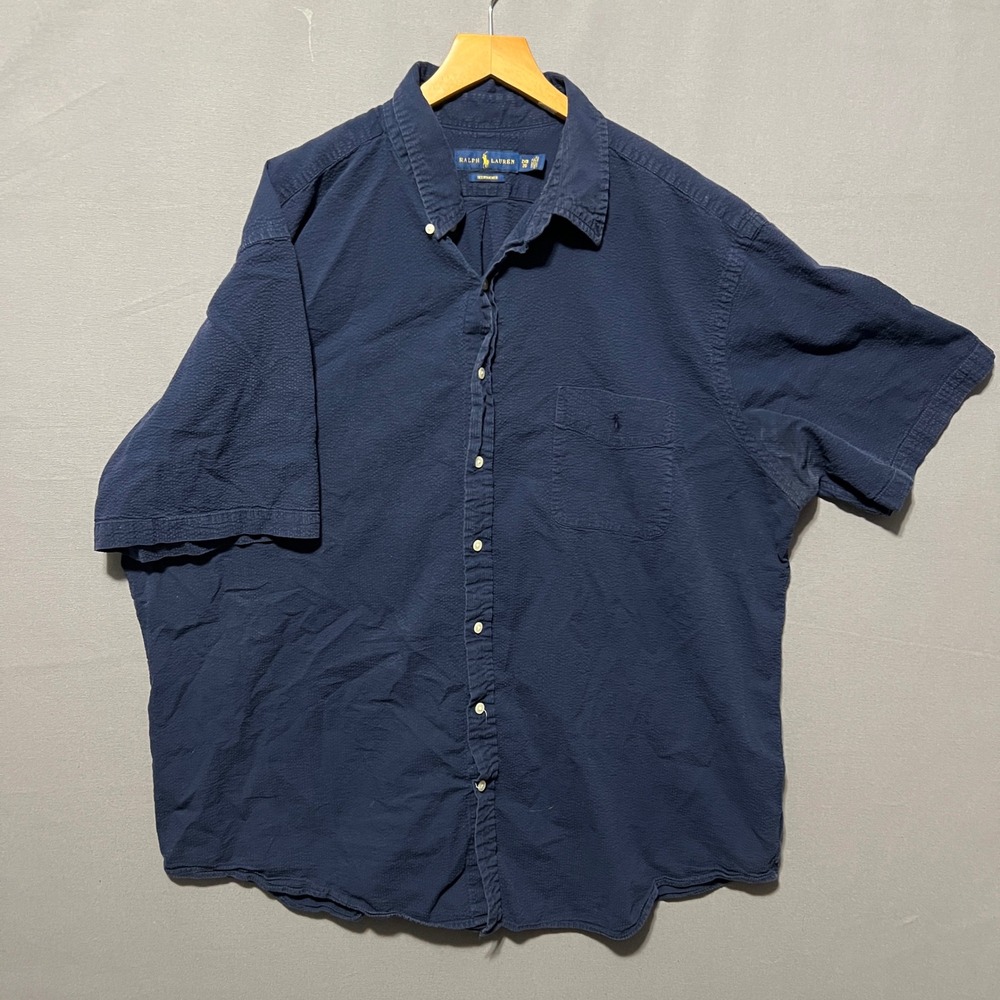 Ralph Lauren Mens 2XB Seersucker Short Sleeve Button Up Shirt Navy Blue Pony